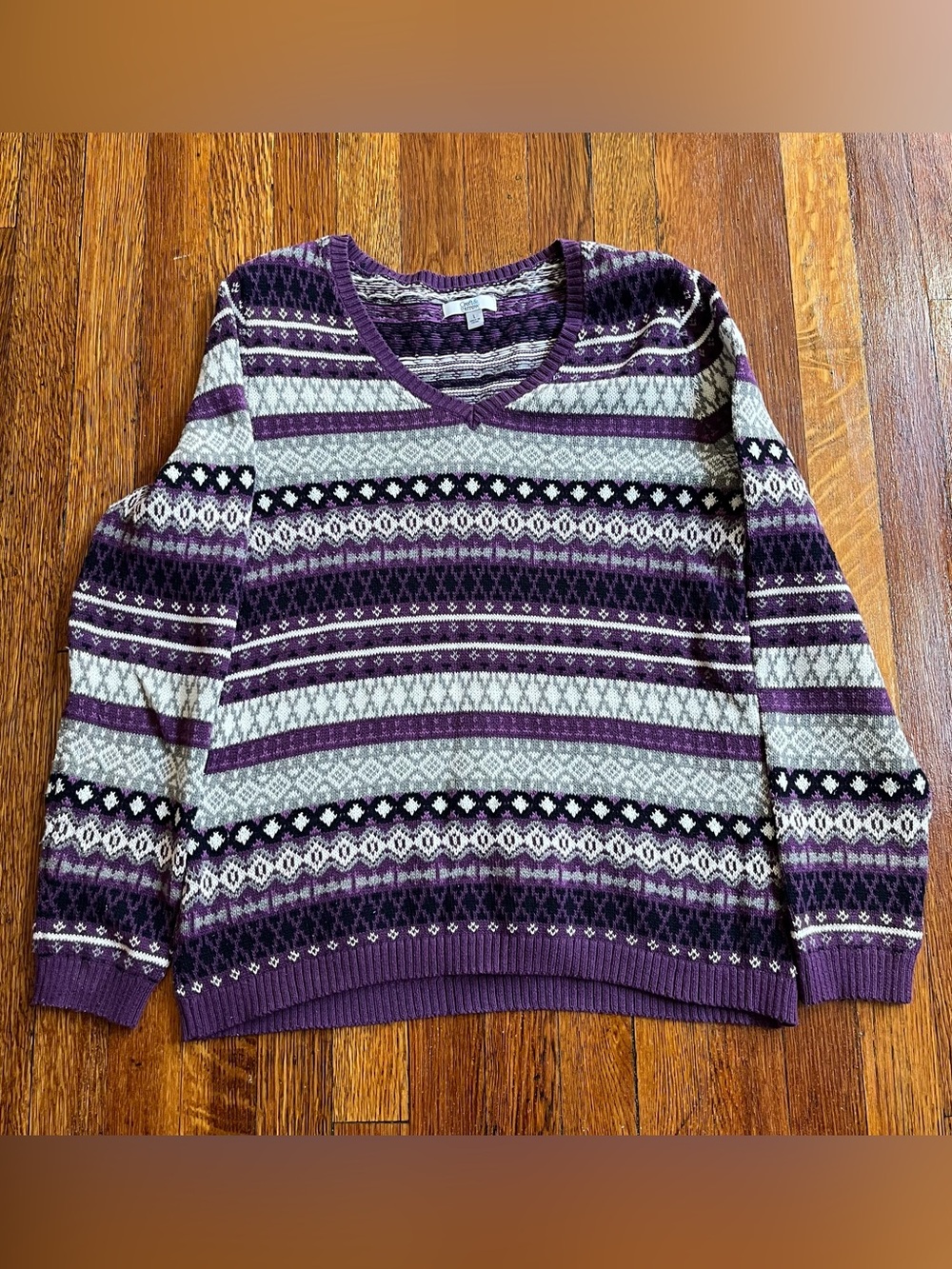 Purple and white patterned knit grandpa sweater